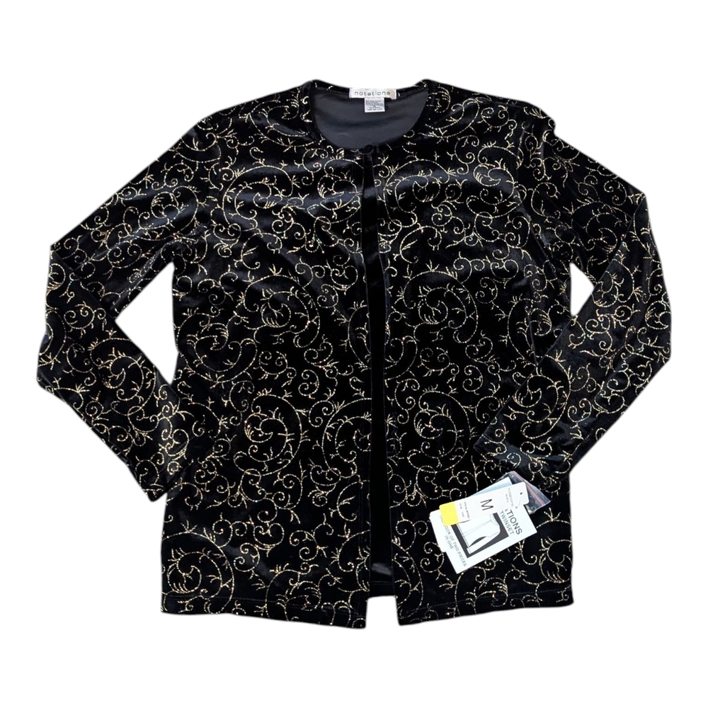 NWT Notations Black Stretch Velvet & Metallic Gold 2-Fer Twinset Top. Women M
